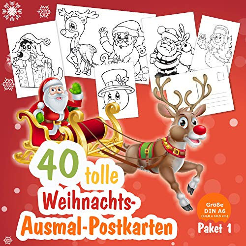 Unser-Festtag 40 tolle Weihnachts-Ausmalpostkarten für Kinder, alles verschiedene Motive (Größe Din A6) Set 1