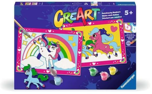 Ravensburger CreArt 5 Years Junior: Magici Pony — Malen mit Zahlen für Kinder ab 5 Jahren, Malset mit 2 Brettern, Pinsel und Farben, 32 x 22 cm, Geschenkideen für Kinder ab 5 Jahren