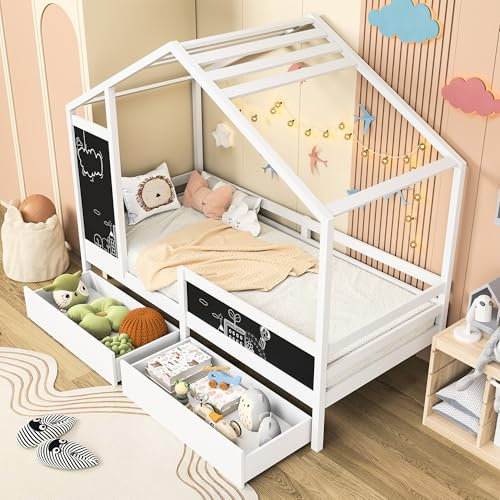Kinderbett 90x200cm, Holzbett mit 2 Schubladen, Bett mit Lattenrost und Stauraum, Schlafsofa Tagesbett Sofabett Einzelbett Gästebett Jugendbett, Funktionsbett, Bettgestell aus Holz, ohne Matratze