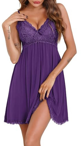 Sopesil Babydoll da Donna Camicie da Notte in Pizzo con Scollo a V Abbigliamento da Notte Sensuale con Camicia da Notte con Cinghie Regolabili,XL,Viola Intenso