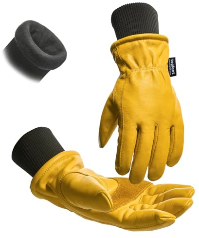 toolant Winter-Leder-Arbeitshandschuhe für Männer, 100% Vollrindleder mit wasserabweisender Beschichtung, wärmendes Thinsulate-Futter, gerippte Bündchen für Windschutz