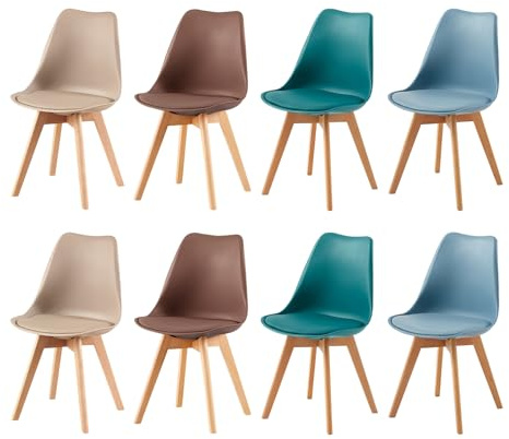 EGGREE 8er Set Esszimmerstühle Skandinavischer mit PU-Sitzkissen & Massivholz-Beinen, SGS-Geprüft Retro Küchenstuhl für Esszimmer & Wohnzimmer (Morandi Lichtblau,Türkis,Helles Khaki,Schokoladenbraun)