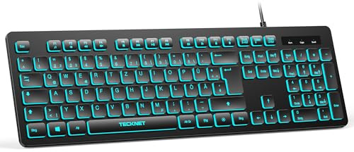 TECKNET Kabelgebundene USB Tastatur, Deutsches QWERTZ Layout | 7-Farben RGB-Beleuchtung, Leise Tastatur Spritzwassergeschützt für PC/Laptop (Windows/macOS) - Schwarz