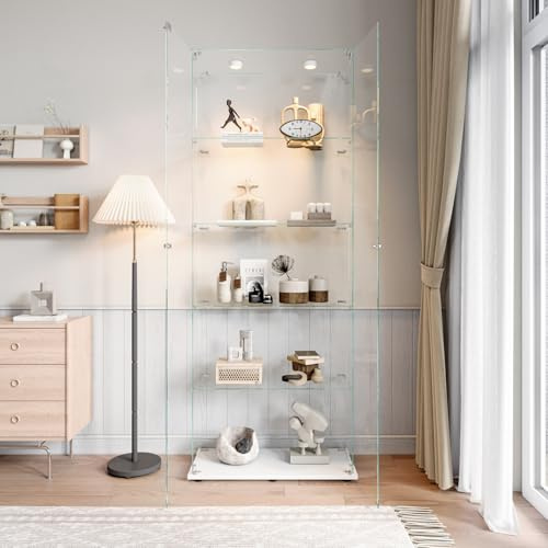 BestAlice Glasvitrine Standvitrine, Schrank für Sammlung mit LED und Schloss,Vitrinenschrank mit 2 Türen 5 Regalen, Schaukasten,Transparent Möbel vorratsschrank für Wohnzimmer Bar,Weiß