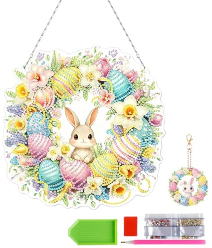 ZZHBSR Diamond Painting Ostern Türkranz Anhänger mit Schlüsselanhänger,5d Diamant Painting Hängende Ornament Bastelset Set mit Hängekette Beidseitig Osterbasteln für Draußen und Drinnen Balkon Deko