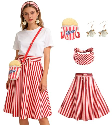 Popcorn Kostüm für Damen 2/3/4pcs Set mit Rot-Weiß Gestreiftem Faltenrock, Popcorn Ohrringen & Haarreif, 1950er Jahre Retro Karneval Outfit für Fasching Zirkus-Party Cosplay-Events & Themenfeste