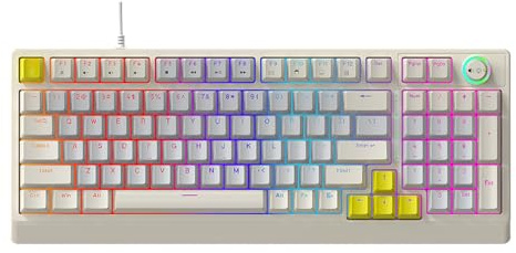 YUEHISY RGB Mechanical Keyboard, 98 Key Compact Mechanical Keyboard with Hot Swappable Blue Switches, Rotary Knob, Ergonomic for Work Play (Beige Gray Yellow)