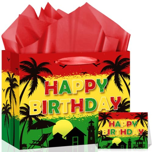 Reggae Gift Bag with Card & Wrapping Paper,Black History Month Gift Bag Rastafari Palm Tree Grafitti Happy Birthday for African American Party Favor,Jamaican Reggae Music Party Decoration