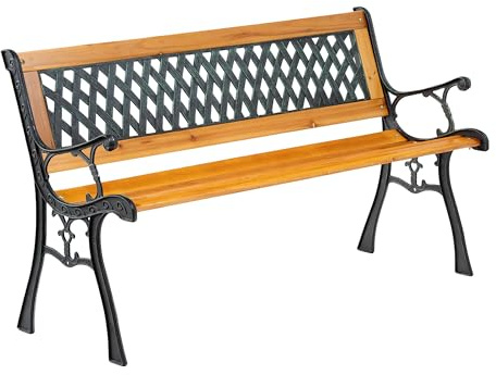 SEVICO Gartenbank Holz Metall 122 cm – Parkbank mit Rückenlehne für Garten, Terrasse, Balkon & Friedhof, Sitzbank bis 180 kg