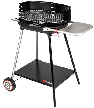 Barbecue à charbon de bois Myconos avec cuve en fonte, grille en acier chromé, sur chariot, pour 8/10 convives, dimensions 84.5 x 56.5 x 88.5 cm, poids 12.8 kg