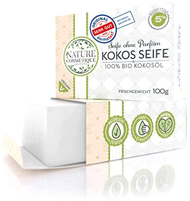 Kokosölseife Naturrein - Handseife aus natives BIO-Kokosöl, vegan und ohne synthetischen Duft-, Farb- oder Konservierungsstoffe - 5% rückfettend