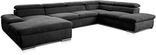 Cavadore Wohnlandschaft Alkatraz im modernen Design / U-Form mit Longchair links und Ottomane rechts / Inkl. Bettfunktion + Kopfteilverstellung / 350 x 73 x 226 / Schwarz