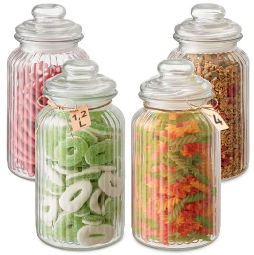 Praknu Bonbonglas mit Deckel & Etiketten - 1,2L - 4 Vintage Vorratsgläser für Candy Bar, Hochzeit, Party & Küche - Spülmaschinenfest - Für Kekse, Schokolade & Süßigkeiten