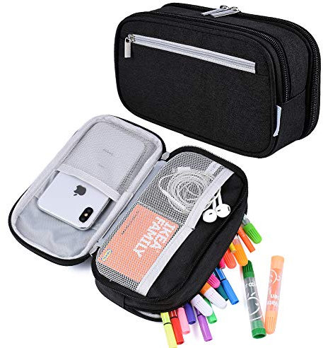 YONZONE Large Capacity Pencil Case Big Storage Pencil Bag Pouch 3 Multifunctional Compartment Pen Marker Cases Holder Portable Office Stationery Organizer Supplies Makeup Bag, Black