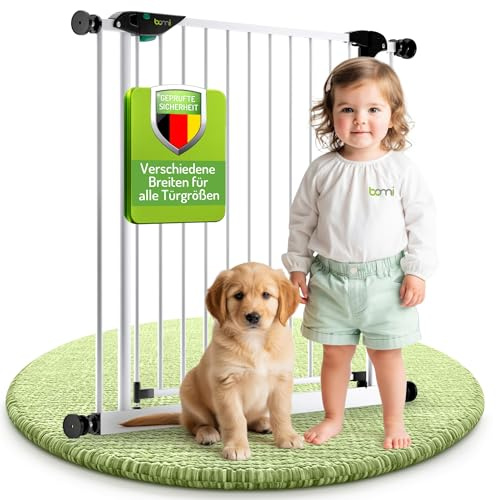 BOMI Baby Treppenschutz Mira | Zum Klemmen | 90° Stop | Schließt automatisch | Treppenschutzgitter zum Klemmen in Weiß | Kindergitter treppe Zum Klemmen aus Metall | Breite: 225-233 cm