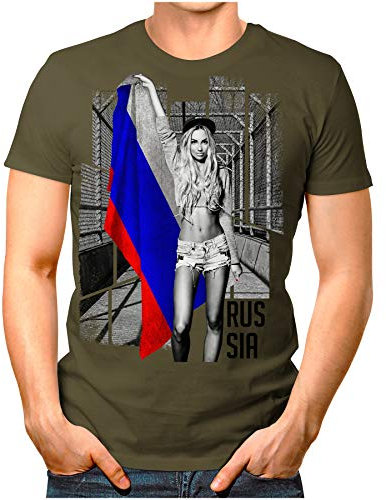 OM3® - Russia-Soccer-Girl - Herren T-Shirt Fan Support Fußball Trikot Sexy Frau Russland Vintage Oliv L