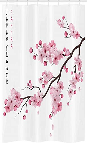 ABAKUHAUS Asiatisch Schmaler Duschvorhang, Japanische Kirschblüten, Badezimmer Deko Set aus Stoff mit Haken, 120 x 180 cm, Weiß Rosa