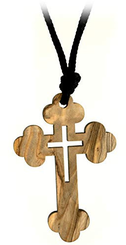 Budded Cross Necklace, 2 Holy Land Olive Wood Pendant with 30 Adjustable Cord, Religious Faith Necklace Gift for Men & Women, Christian & Catholic Orthodox Wooden Keepsake for Gift Bag