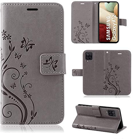 Hülle Kompatibel mit Samsung Galaxy A12 | Klapphülle Schutzhülle mit Kartenfächer Kompatibel für Galaxy A12 | Magnetverschluss Klapphülle | Grau