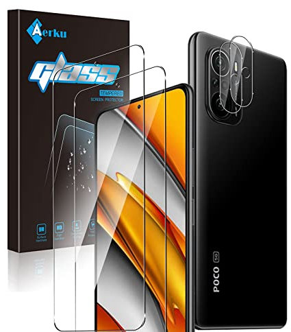 Aerku Protector de Pantalla para Xiaomi Poco F3 / Xiaomi MI 11i [2 Piezas] + Protector de Lente de Cámara [2 Piezas], 9H HD Alta Sensibilidad Cristal Templado [ Transparente]