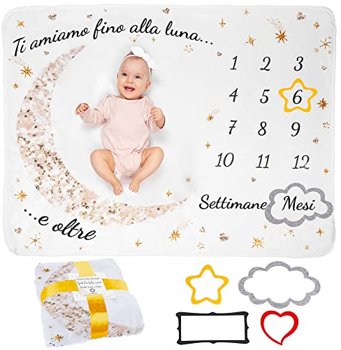 Coperta Mesi Neonato In Italiano | Tappeto Unisex | Tema Luna E Stelle | Regalo Baby Shower Personalizzato Per Neomamme | Incluse Cornici