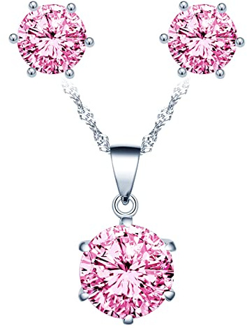 Yumilok Collier zircon et Boucles d'oreilles zircon pour femmes et filles, Bijoux parures de diamant en argent 925, Collier solitaire à six griffes, Clous d'oreilles solitaire à six griffes