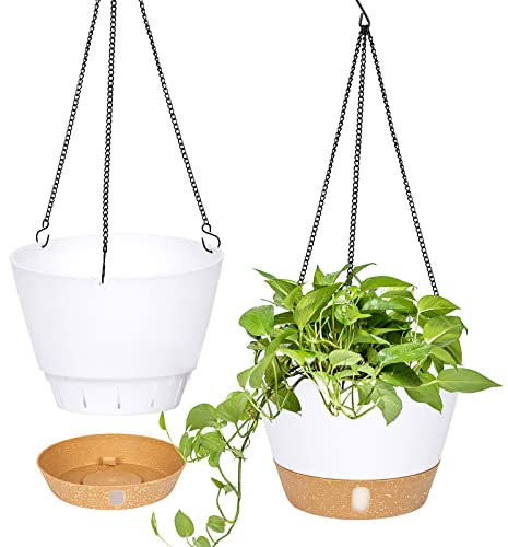 QCQHDU 2 Pack Hanging Planters Set, 25.4cm Indoor Outdoor Hanging Plant Pot Basket,Hanging Flower Pot with Drainage Hole with 3 Hooks for Garden Home (White)