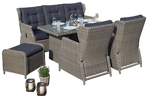 Green Spirit - Garten Sitzgruppe Bilbao - Braun, Polyrattan, für 7 Personen, Wetterfest, Gartenmöbel-Set mit 3-Sitzer Sofa, Tisch, 2 Sessel und 2 Hocker - Dining-Lounge, Garten-Essgruppe