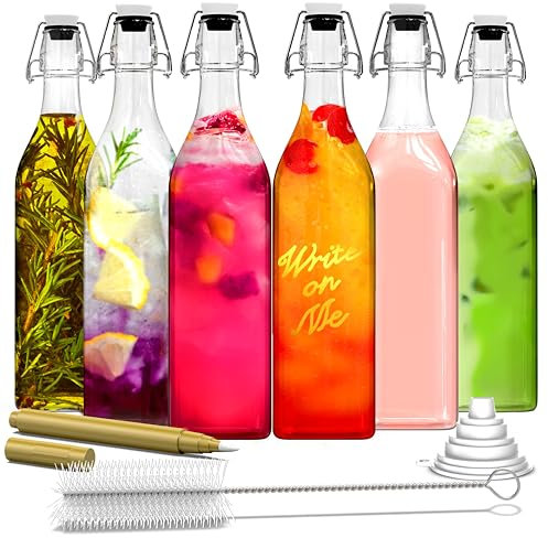 Nevlers Lot de 6 bouteilles carrées en verre avec bouchon basculant de 945,5 g | Bouteilles de kombucha et limoncello | Lot de 6 bouteilles hermétiques en verre avec bouchon | Bouteilles de brassage