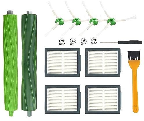 Parti di Ricambio Compatibili con iRobot Roomba i7 i7+I2 i3 i3+i4+i6 i6+i8 i8+/Plus j7 j7+E5 E6 E7 2 spazzole di gomma, 4 filtri HEPA, 4 Spazzole Laterali, 1 Cacciavite, 1 Spazzolino di Pulizia