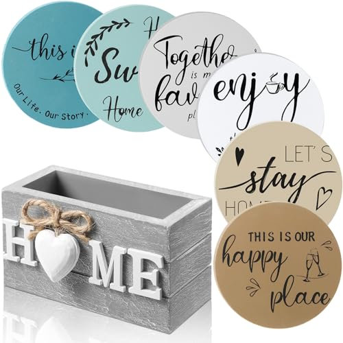 Queekay Housewarming Gifts for Home Decoration Wooden Heart Coasters for Drinks 6 Set Farmhouse Coasters with Holder Funny for Family Coffee Table Protection, 4''(Ocean)