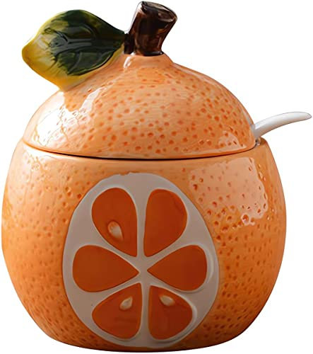 KEMAXI Ceramics Fruit Shaped Sugar Bowl Salt Pot Pepper Storage Jar with Lid and Spoon Seasoning Box Condiment Pots (Orange Pomelo)