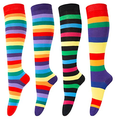 Chalier Cozy 4 Paar Kniestrümpfe Damen Overknee Strümpfe Lange Socken Knee High Socks Volleyballsocken Sportsocken Damensocken Karneval Kostüm Regenbogen Streifen One Size
