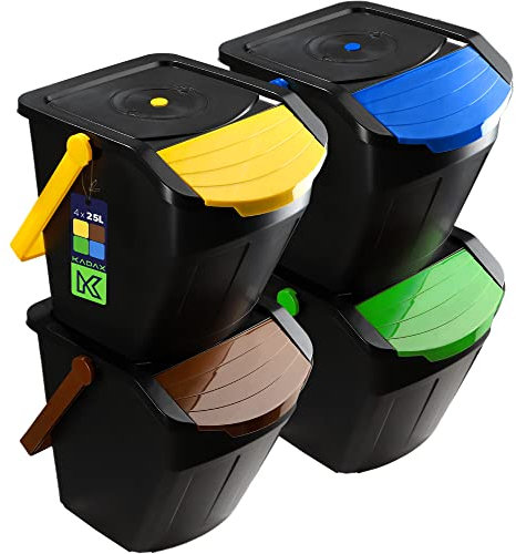 KADAX Recycling-Eimer, 25L Mülleimer mit Deckel, Abfalleimer-Set für leichte Mülltrennung, Abfallsammler, Mülltrenner für Biomüll, Papier, Glass (4 Stück 25l)