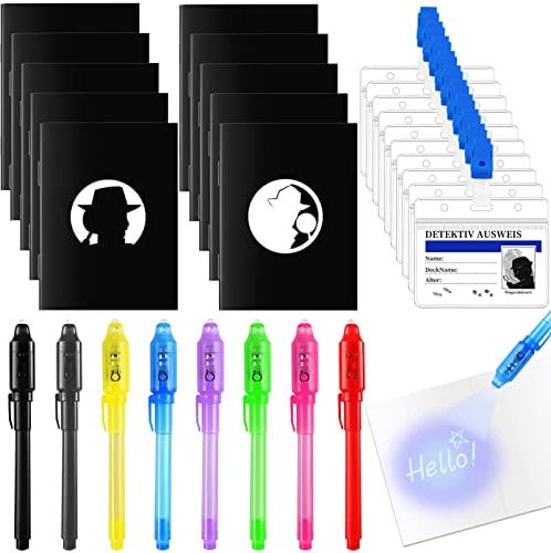 28Stk Detektiv Set Kinder,Geheimstift mit UV Licht Kinder,Notizbuch,Detektivausweis Ausweise mit Clip,Entdecker Set mit UV-Licht für Kindergeburtstag,Geschenke,Detektivisches Rollenspiel