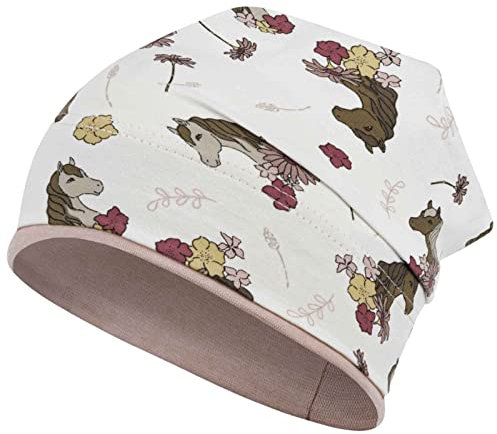 Smarilla Mädchen Mütze Übergangsmütze Beanie Pferde Katzen Punkte Frühling Herbst, Bekleidungsgröße: 50-52, Farbe: Creme-Puderrosa