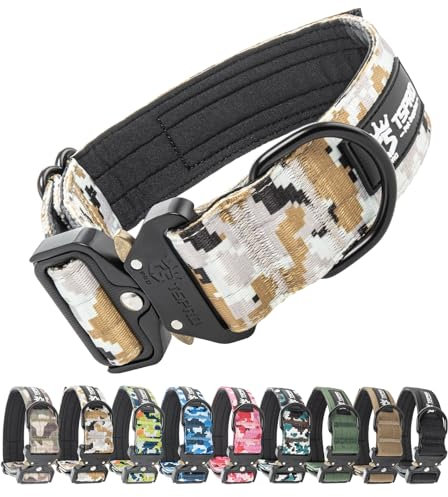 TSPRO Premium Hundehalsband mit Patch Dickes Verstellbares Taktisches Hundehalsband Schwere Ausführung Schnellverschluss Metallschnalle für Mittelgroße bis Große Hunde (Camo Khaki L)