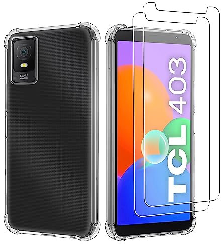 iCatchy Case for TCL 403 Phone Shockproof Transparent Anti-Scratch Bumper Back Anti Yellowing Cover with 2-Pack Tempered Glass Screen Protector