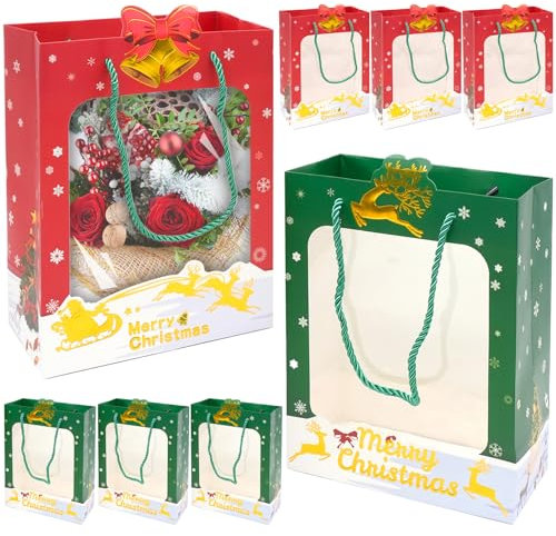 8 Pezzi Sacchetti Regalo Natale con Finestra Trasparente, Sacchetti Riutilizzabili di Carta di Natale con Maniglia Sacchetti del Partito per Feste di Natale (Rosso + Verde)