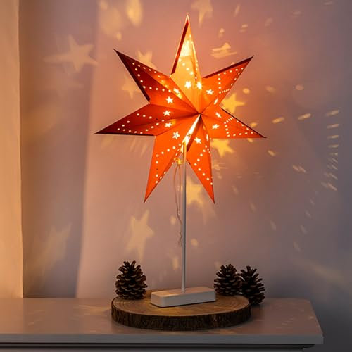 Weihnachtstern LED Tischlampe LED - Papierstern H66cm Dekostern Batteriebetrieben An/Aus Schalter Rot Tischleuchte Timer