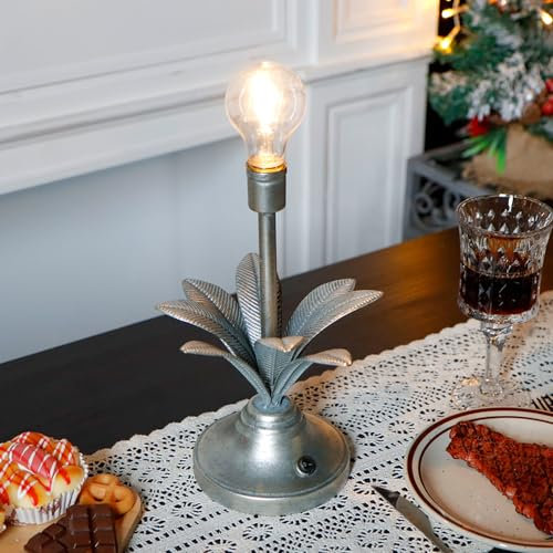JHY DESIGN Battery Operated Lamp Vintage Decorative Cordless Light with LED Bulb 34cm Tall Table Lantern for Bedroom Living Room Kitchen Wedding Patio Home Decor(Antiquesilver)