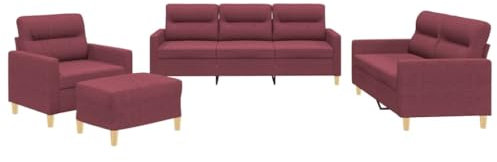 vidaXL Sofagarnitur 4-TLG., Sessel Couch mit Kissen Fußhocker, Sofa Wohnzimmersofa mit Armlehnen, Couchgarnitur Designsofa Sitzmöbel Polstermöbel, Weinrot Stoff