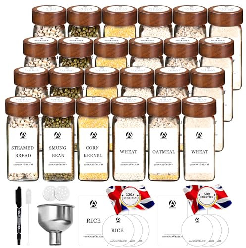 DSUID 24 Spice Jars with Acacia Wood Lids, 120ml Airtight Glass Spice Containers Storage Set, Large Stainless Steel Funnels,180 white Labels Sticker, Seasoning Jars, Keep the Kitchen Neat, Organized