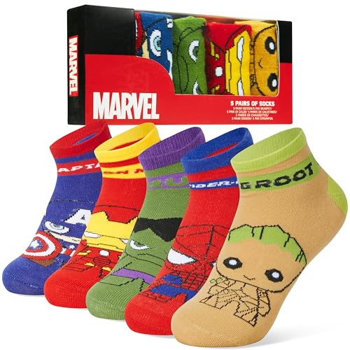 Marvel Avengers Socken Jungen, 5er Pack Bunte Knöchelsocken, Weich und Atmungsaktiv, Superhelden Design, Geschenke für Kinder