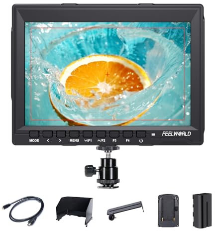 FEELWORLD FW759 Kamera Field Monitor 7 Zoll 4K HDMI Monitor mit F550 Akku Camera Monitor mit Sonnenschutzhaube für DSLR