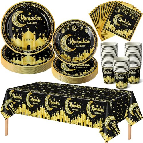 Blushtier Ramadan Eid Mubarak Partygeschirr-Set für 24 Gäste, inklusive 22,9 cm Speiseteller, 17,8 cm Dessertteller, 266 ml Becher, Eid Mubarak Servietten, Tischdecke für Ramadan-Dekorationen (Schwarz