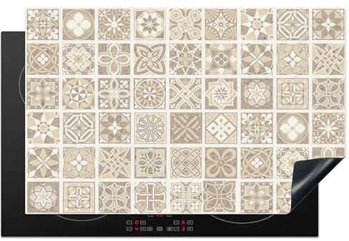 KitchenYeah© Copri Piano Induzione 80x52 cm Cucina Coprifornelli Copertura Protezione Cottura Tutto per la Cucina Mosaico - Vintage - Beige - Motivo - Fiori