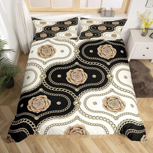 Homewish Gold Rose Double Duvet Cover Sets for Adults Women, Black And White Damask Bedding Sets Bedroom Decor, Royal Luxurious Baroque Comforter Cover, Vintage Floral Bedding & Linen, Soft