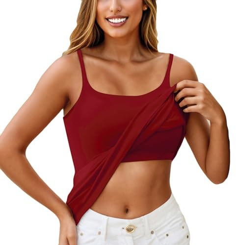 KONG JIMFAN Top Mit Integriertem BH Top Mit Integriertem BH Spaghetti Top Damen Baumwolle Sport BH Gepolstert Komfort BH Ohne Bügel Damen Unterwäsche Damen Tshirt T-Shirt Damen(Wein,XL)