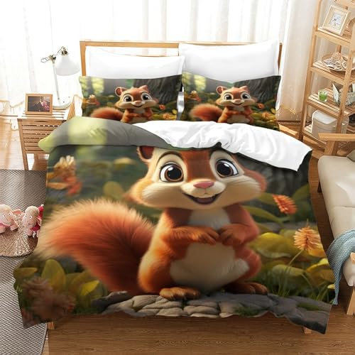 Eichhörnchen Bed Linen Light Plush Long Mikrofaser Duvet Cover Warm Zeichentrick-Tiere Duvet Cover And Pillowcase with Zip Hypoallergener Mikrofaser Für Kinder Teenager Erwachsene Einzeln（140x200cm）